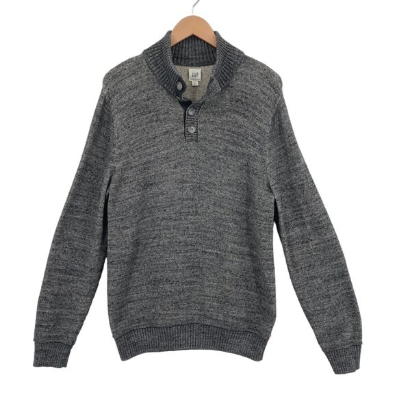 Gap Sweater Mens Medium Gray Knit Long Raglan Sleeve Mock Neck Button Front - Picture 1 of 12